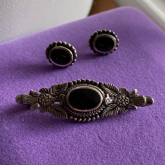 💛 925 Vintage Black Onyx Brooch & Earrings - Picture 1 of 5